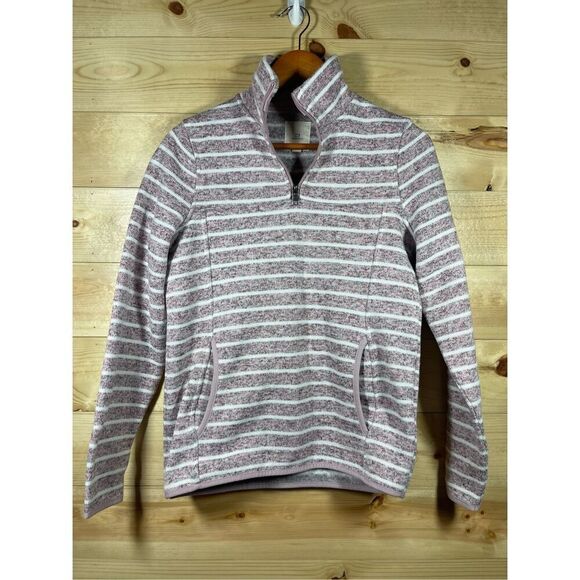 Thread & Supply Women's Striped Pullover 1/4 Zip Sweatshirt in Pink and White Si - Picture 1 of 16